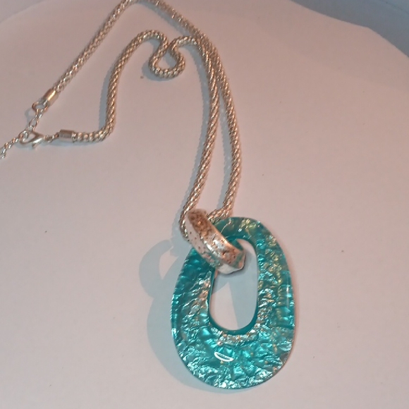 Silver and Blue Pendant Necklace with Textured Design - Picture 1 of 8